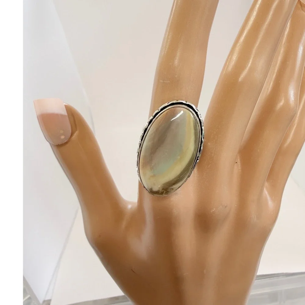 Polychrome Jasper Oval Stone Statement Ring Silver plated SW‎ Boho Tan Cream 8.5